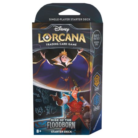Disney Lorcana Rise of the Floodborn Starterdeck-Box mit Böse Königin und Gaston.