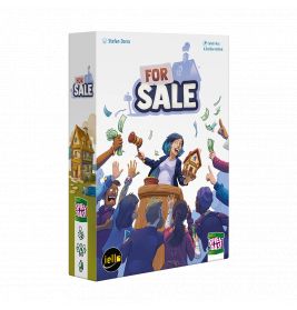 Box des Spiels For Sale mit Auktionator, Bietern sowie abgebildeten Geldscheinen und Hauskarten.