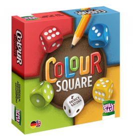 Farbige quadratische Brettspielschachtel mit bunten Würfeln, einem Stift und dem Spieletitel in großen Buchstaben vorn.