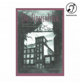 Buchcover von Die Firmenfeier mit einem alten Fabrikgebäude in Schwarz-Weiß und lila Rahmen.