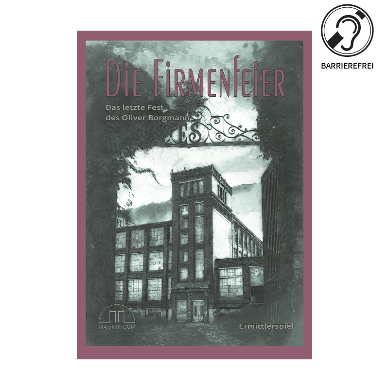 Buchcover von Die Firmenfeier mit einem alten Fabrikgebäude in Schwarz-Weiß und lila Rahmen.