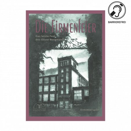 Buchcover von Die Firmenfeier mit einem alten Fabrikgebäude in Schwarz-Weiß und lila Rahmen.