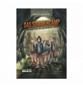 Vier Kinder in Outdoor-Kleidung stehen am Eingang eines Waldtunnels unter dem Titel Das Sommercamp.