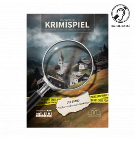 Plakat mit Lupe über Dorf, Polizeiband und deutschem Text zu einem Krimi-Spiel.