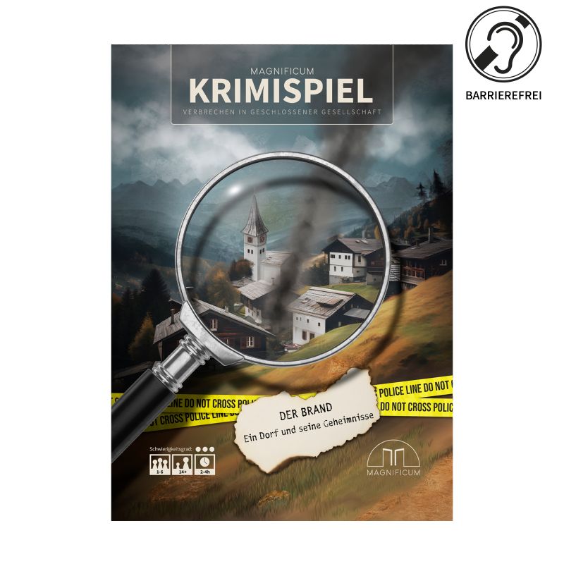 Plakat mit Lupe über Dorf, Polizeiband und deutschem Text zu einem Krimi-Spiel. Plakat mit Lupe über Dorf, Polizeiband und deutschem Text zu einem Krimi-Spiel.