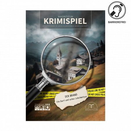 Plakat mit Lupe über Dorf, Polizeiband und deutschem Text zu einem Krimi-Spiel.