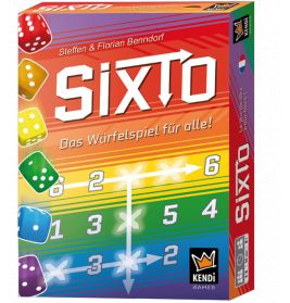 Bunte Sixto-Spielschachtel mit Würfeln, Zahlen, Pfeilen und deutschem Text in farbenfrohem Design.