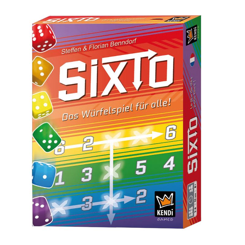 Bunte Sixto-Spielschachtel mit Würfeln, Zahlen, Pfeilen und deutschem Text in farbenfrohem Design. Bunte Sixto-Spielschachtel mit Würfeln, Zahlen, Pfeilen und deutschem Text in farbenfrohem Design.