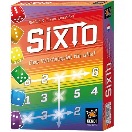 Bunte Sixto-Spielschachtel mit Würfeln, Zahlen, Pfeilen und deutschem Text in farbenfrohem Design.