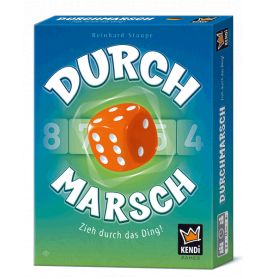 Spielbox Durchmarsch mit einem orangefarbenen Würfel auf grün-blauem Hintergrund.