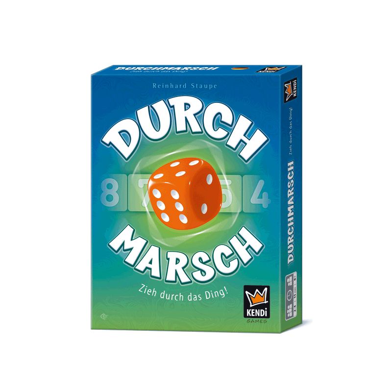 Spielbox Durchmarsch mit einem orangefarbenen Würfel auf grün-blauem Hintergrund.