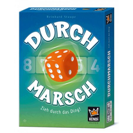 Spielbox Durchmarsch mit einem orangefarbenen Würfel auf grün-blauem Hintergrund.
