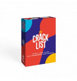 Bunte Crack List Kartenspiel-Box mit abstrakten Formen und deutschsprachigem Text auf der Vorderseite.