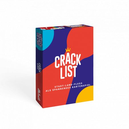 Bunte Crack List Kartenspiel-Box mit abstrakten Formen und deutschsprachigem Text auf der Vorderseite.
