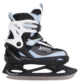 Schwarz-weißer Eislaufschuh mit verstellbaren Riemen und Metallkufen.