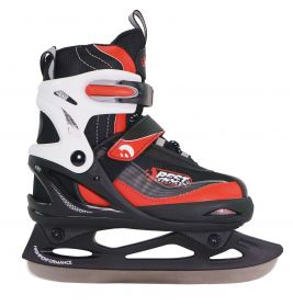 Verstellbarer Eishockeyschuh in Schwarz, Rot und Weiß mit Metallkufe und Kunststoffrahmen.