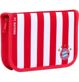 Rot-weiß gestreifte FC Bayern Geldbörse mit Reißverschluss, Vereinslogo und vier goldenen Sternen auf der Vorderseite.