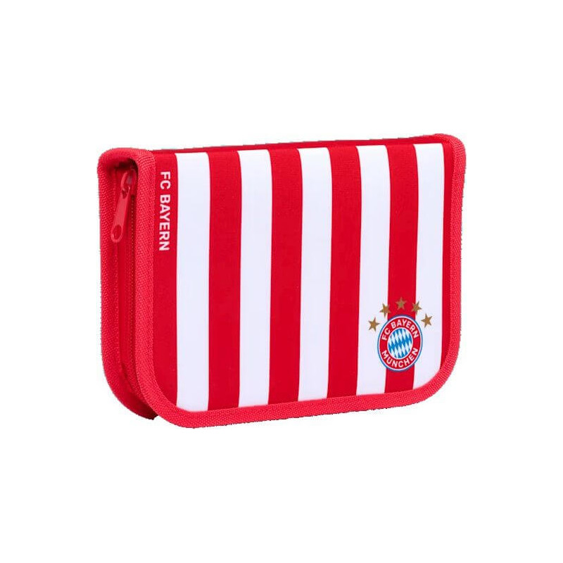 Rot-weiß gestreifte FC Bayern Geldbörse mit Reißverschluss, Vereinslogo und vier goldenen Sternen auf der Vorderseite. Rot-weiß gestreifte FC Bayern Geldbörse mit Reißverschluss, Vereinslogo und vier goldenen Sternen auf der Vorderseite.
