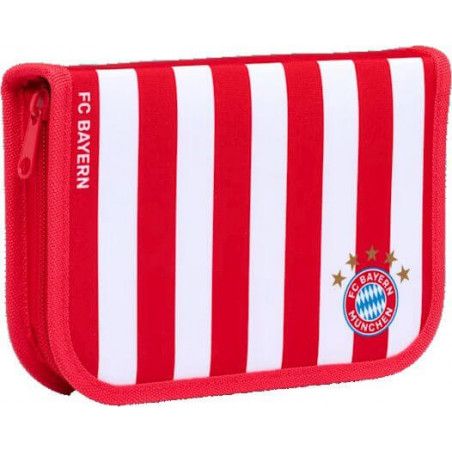 Rot-weiß gestreifte FC Bayern Geldbörse mit Reißverschluss, Vereinslogo und vier goldenen Sternen auf der Vorderseite. Rot-weiß gestreifte FC Bayern Geldbörse mit Reißverschluss, Vereinslogo und vier goldenen Sternen auf der Vorderseite.