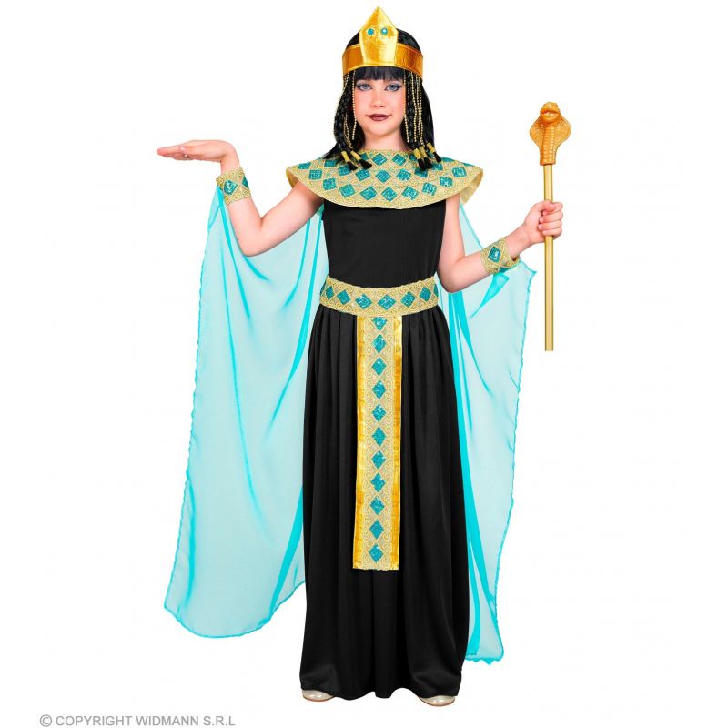 Kind in schwarz-goldener ägyptischer Verkleidung mit blauen Akzenten, Krone und Stab. Kind in schwarz-goldener ägyptischer Verkleidung mit blauen Akzenten, Krone und Stab.