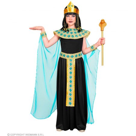 Kind in schwarz-goldener ägyptischer Verkleidung mit blauen Akzenten, Krone und Stab.