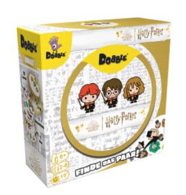 Dobble Harry Potter Kartenspielbox mit den Zeichentrickfiguren Harry, Hermine und Ron auf der Vorderseite.