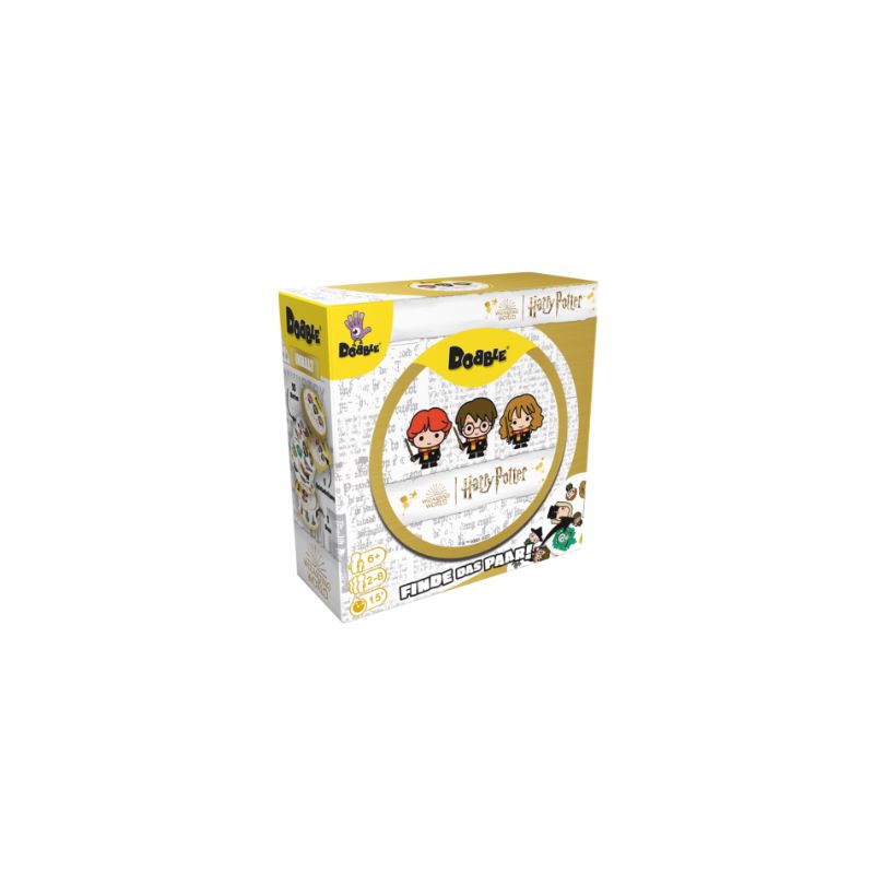 Dobble Harry Potter Kartenspielbox mit den Zeichentrickfiguren Harry, Hermine und Ron auf der Vorderseite. Dobble Harry Potter Kartenspielbox mit den Zeichentrickfiguren Harry, Hermine und Ron auf der Vorderseite.