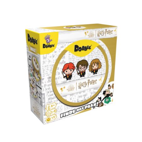 Dobble Harry Potter Kartenspielbox mit den Zeichentrickfiguren Harry, Hermine und Ron auf der Vorderseite.
