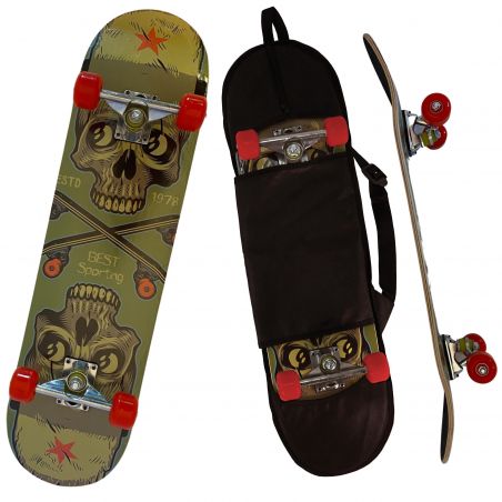 Zwei Skateboards mit Totenkopf-Design und roten Rollen, eines davon im schwarzen Tragekoffer.