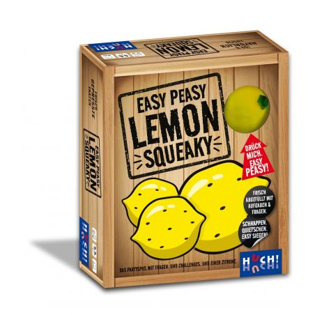 Spielschachtel Easy Peasy Lemon Squeaky mit Comic-Zitronen und einer Plastikzitrone auf der Vorderseite.