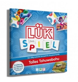 Blaue LÜK Die Spiel-Box mit bunten Formen und deutscher Aufschrift auf dem Deckel.