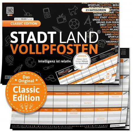 Stadt Land Vollpfosten Classic Edition Brettspiel mit Spielblock und sichtbaren Kategorien auf dem Cover.