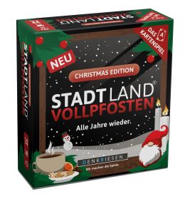 Weihnachtsedition der Stadt Land Vollpfosten Kartenspiel-Box mit festlicher Dekoration.