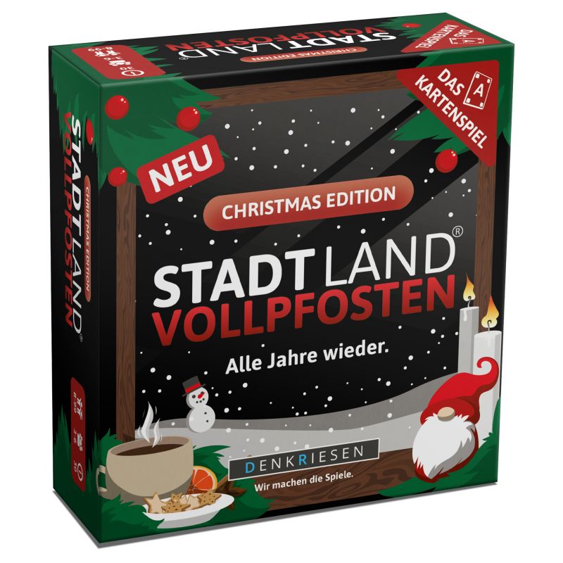 Weihnachtsedition der Stadt Land Vollpfosten Kartenspiel-Box mit festlicher Dekoration.