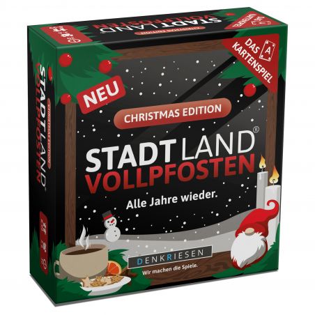 Weihnachtsedition der Stadt Land Vollpfosten Kartenspiel-Box mit festlicher Dekoration.