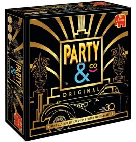 Party & Co Original: Spielschachtel mit gold-schwarz-blauem Art-Déco-Design und Vintage-Auto-Illustration.