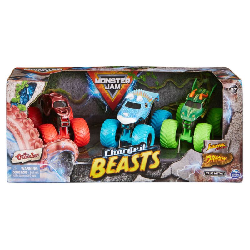 Vier bunte Monster Jam Chargers Beasts Spielzeugtrucks mit Tiermotiven in einer Box.