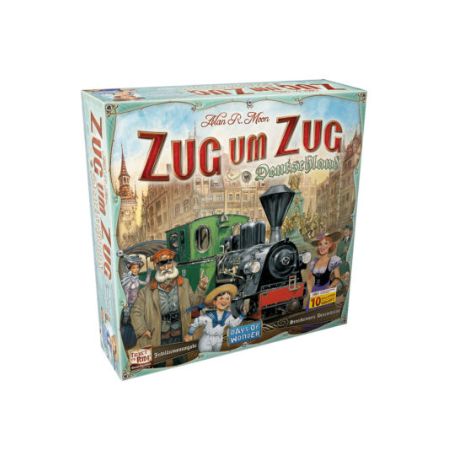 Spielschachtel von Zug um Zug: Deutschland mit historischem Zug und Menschen in zeittypischer Kleidung.