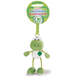 Grüner Plüsch-Anhänger mit Kleeblatt auf der Brust, am runden Etikett steht: Sei glücklich mit mir.