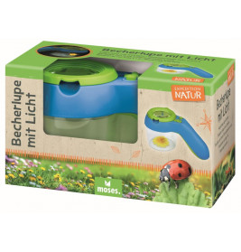 Becherlupe mit Licht in Verpackung, mit Naturmotiven und Aufschrift Becherlupe mit Licht.