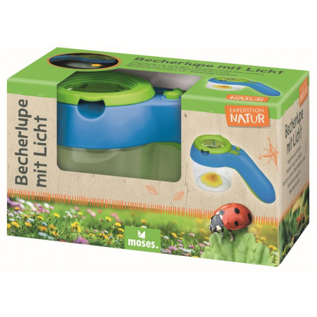 Becherlupe mit Licht in Verpackung, mit Naturmotiven und Aufschrift Becherlupe mit Licht.