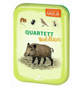 Grüne Dose mit Zeichnungen von Wildschwein, Maus, Vogel, Käfer und Ameise sowie dem Schriftzug Quartett Waldtiere.