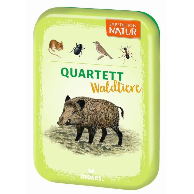 Grüne Dose mit Zeichnungen von Wildschwein, Maus, Vogel, Käfer und Ameise sowie dem Schriftzug Quartett Waldtiere.