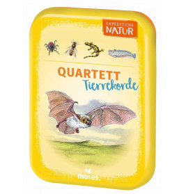 Gelbe Kartenspielbox mit Tiermotiven, Titel: Quartett Tierrekorde Expedition Natur.