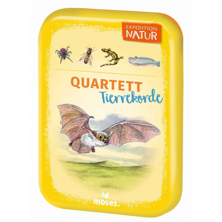 Gelbe Kartenspielbox mit Tiermotiven, Titel: Quartett Tierrekorde Expedition Natur.