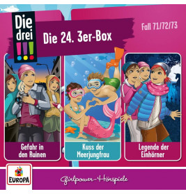 Drei Die drei !!!-Cover zeigen Teenager bei Abenteuern unter Wasser und in verschneiten Bergen.