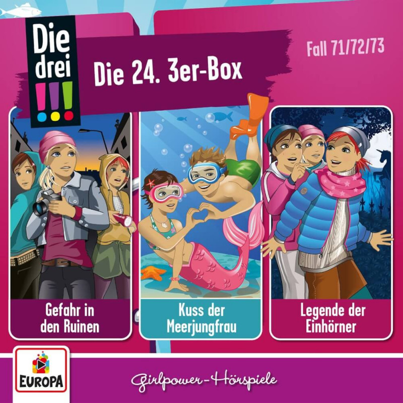 Drei Die drei !!!-Cover zeigen Teenager bei Abenteuern unter Wasser und in verschneiten Bergen. Drei Die drei !!!-Cover zeigen Teenager bei Abenteuern unter Wasser und in verschneiten Bergen.