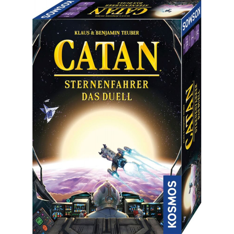 Boxcover von Catan: Sternenfahrer Das Duell mit Raumschiffen im All, aus Sicht eines Cockpits gezeigt.