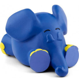 Eine blaue Elefantenfigur mit gelben Füßen liegt lächelnd und mit geschlossenen Augen da.