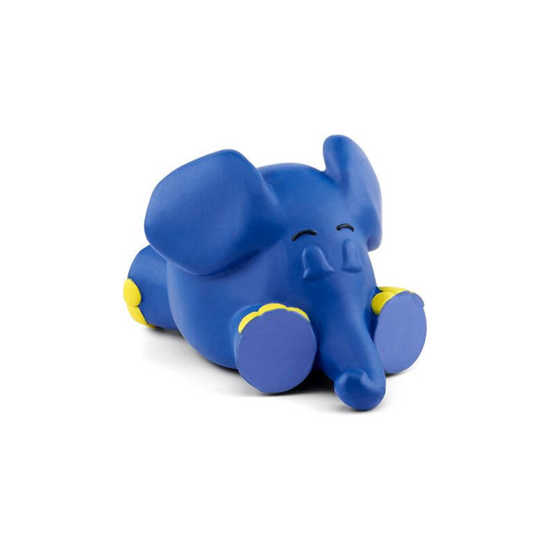 Eine blaue Elefantenfigur mit gelben Füßen liegt lächelnd und mit geschlossenen Augen da. Eine blaue Elefantenfigur mit gelben Füßen liegt lächelnd und mit geschlossenen Augen da.